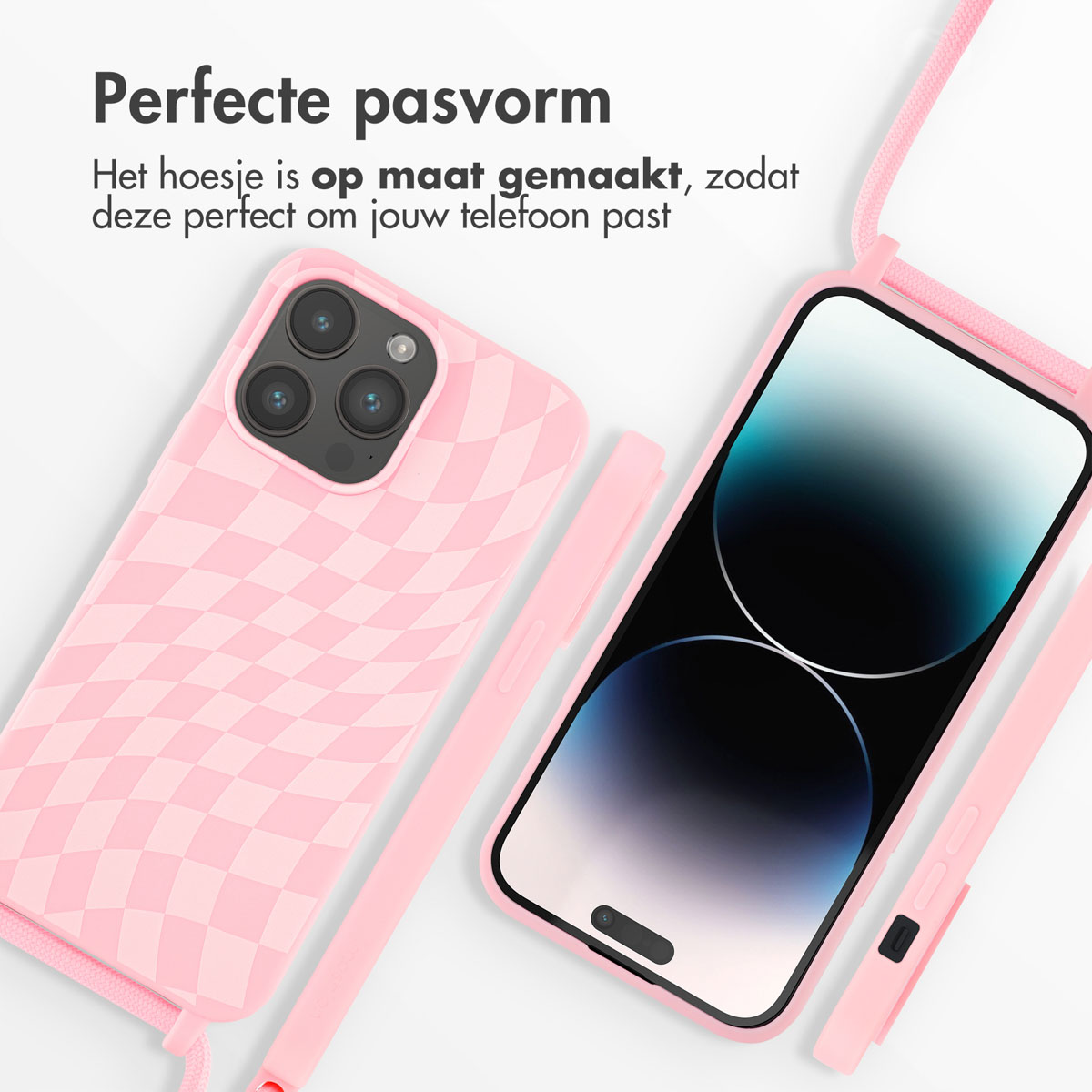 Une coque de téléphone rose à motif losange et un smartphone.