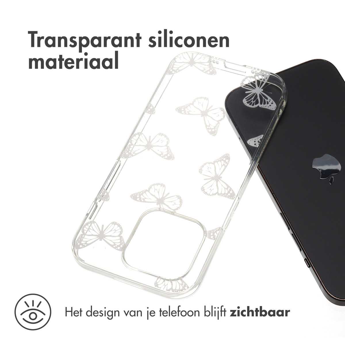 Transparante telefoonhoes met vlinderontwerp. Telefoon is zwart. Witte achtergrond.