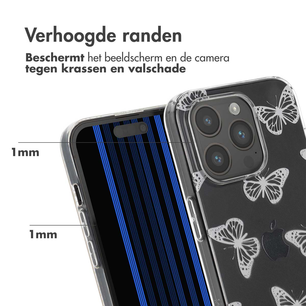 Transparant telefoonhoesje met vlinderprint. De case heeft opstaande randen voor schermbescherming.