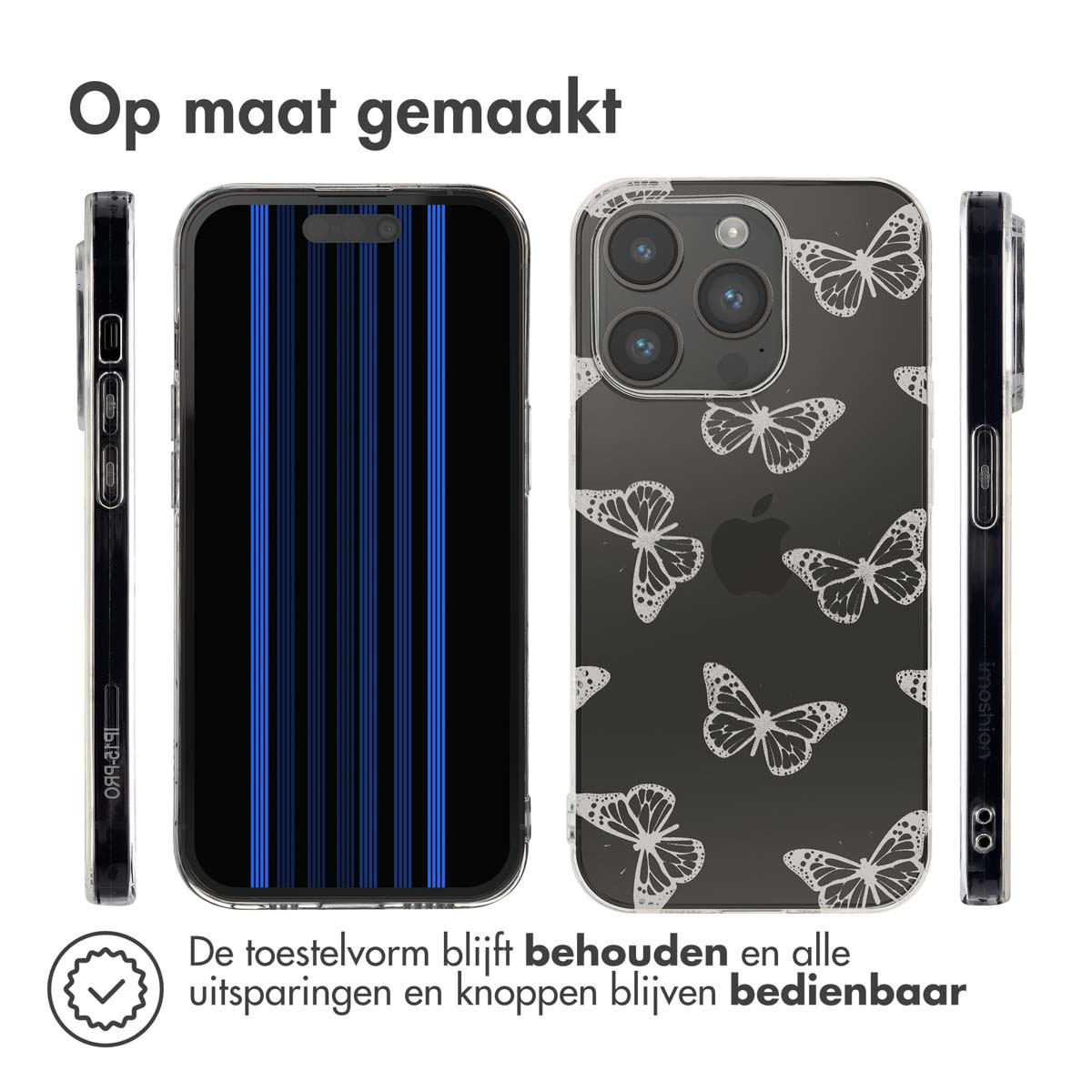 Telefoonhoesje met vlinders en een blauw gestreept telefoonpatroon. Tekst: op maat gemaakt.