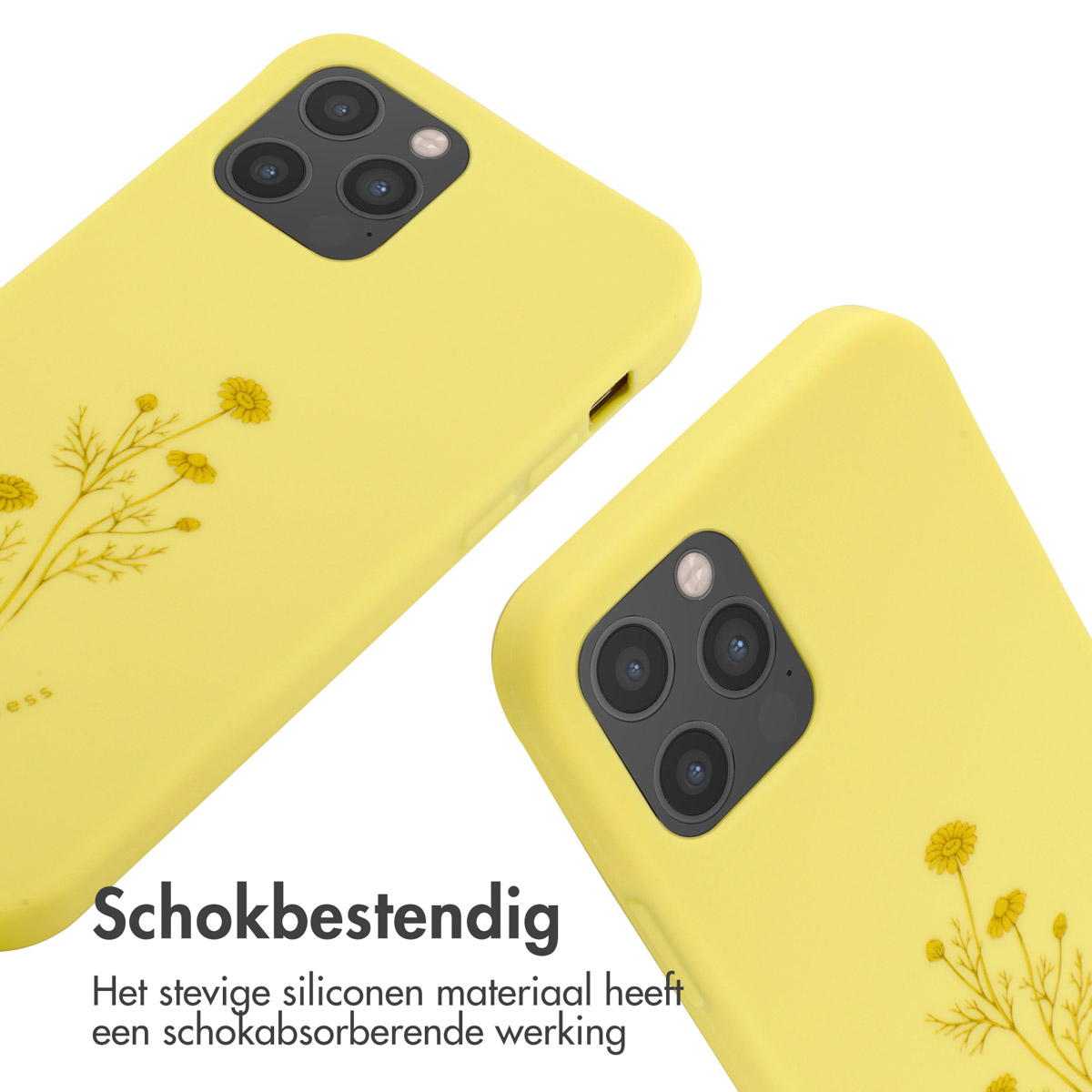 Zwei gelbe Handyhüllen mit Blumenmuster und Kameralinsen.