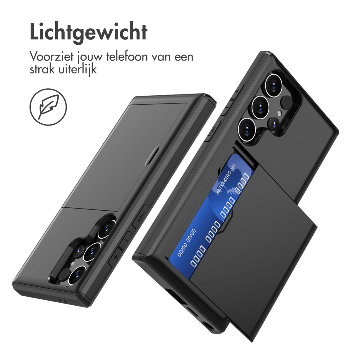 Zwarte telefoonhoes met kaarthouder. De hoes is schuin.
