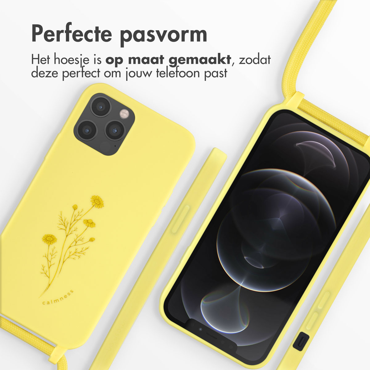 Gelbe Handyhülle mit Blumendesign und Band, neben einem Handy.