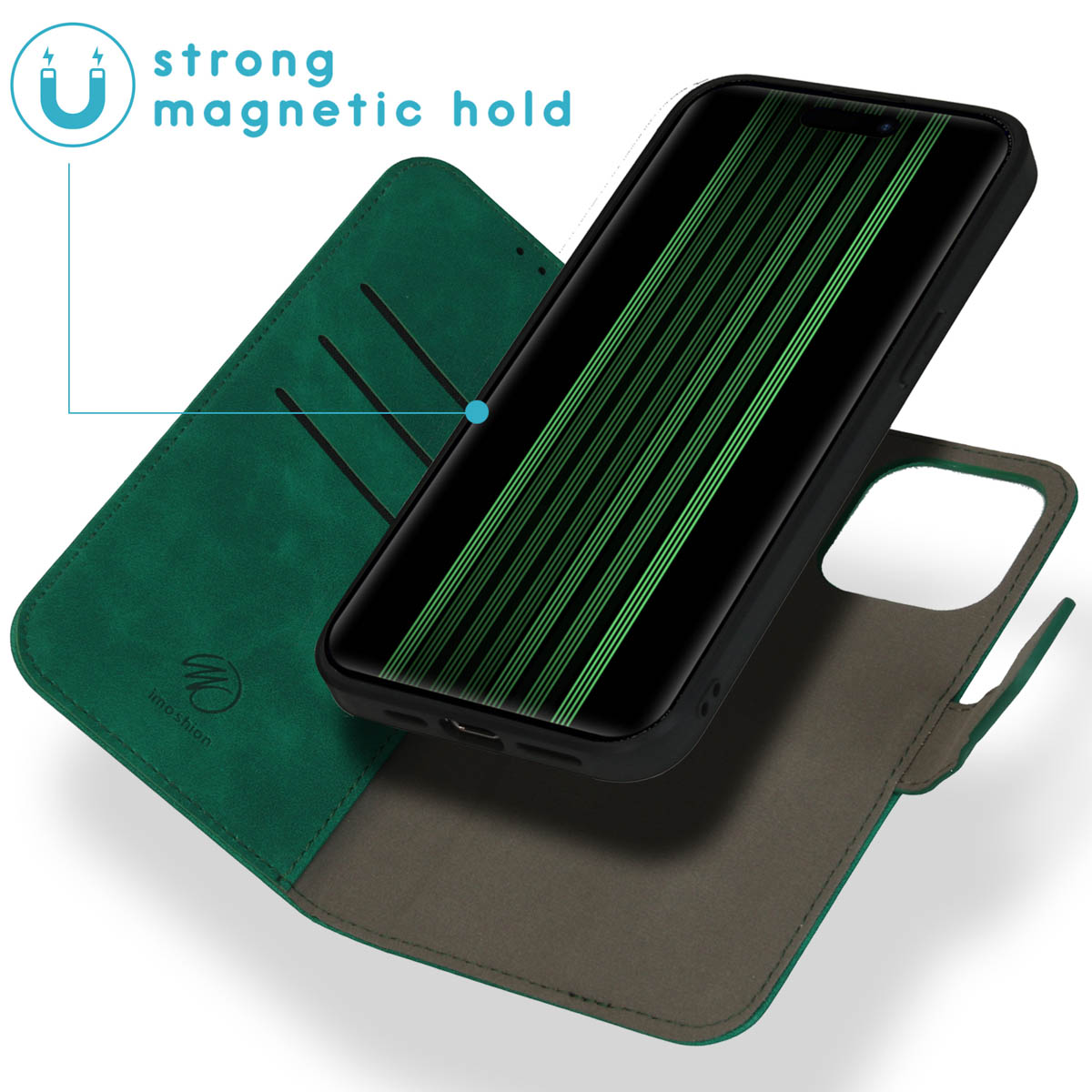 Étui de téléphone vert avec fermeture magnétique puissante et téléphone.