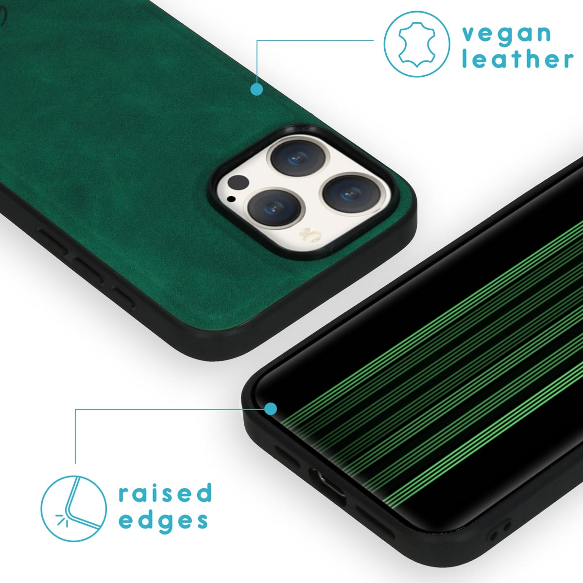 Coque de téléphone verte en cuir végétalien avec bords surélevés.
