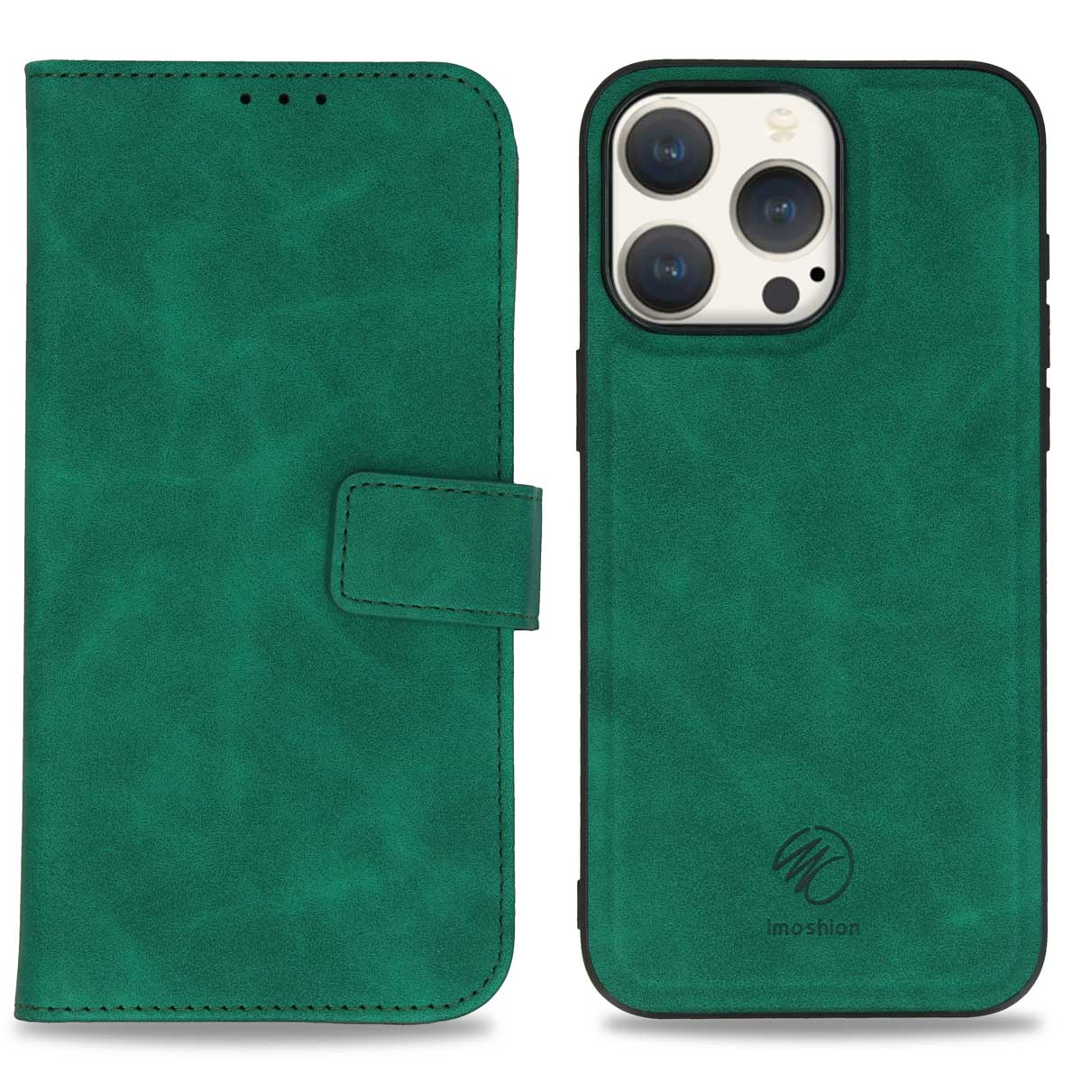 Une coque de téléphone verte à côté d'un étui portefeuille assorti.
