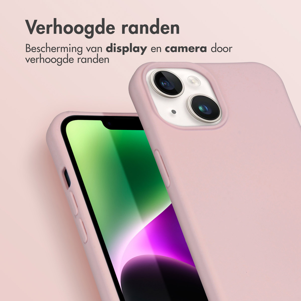 Coque de téléphone rose. Montrant la caméra et l'écran du téléphone. Fond blanc.