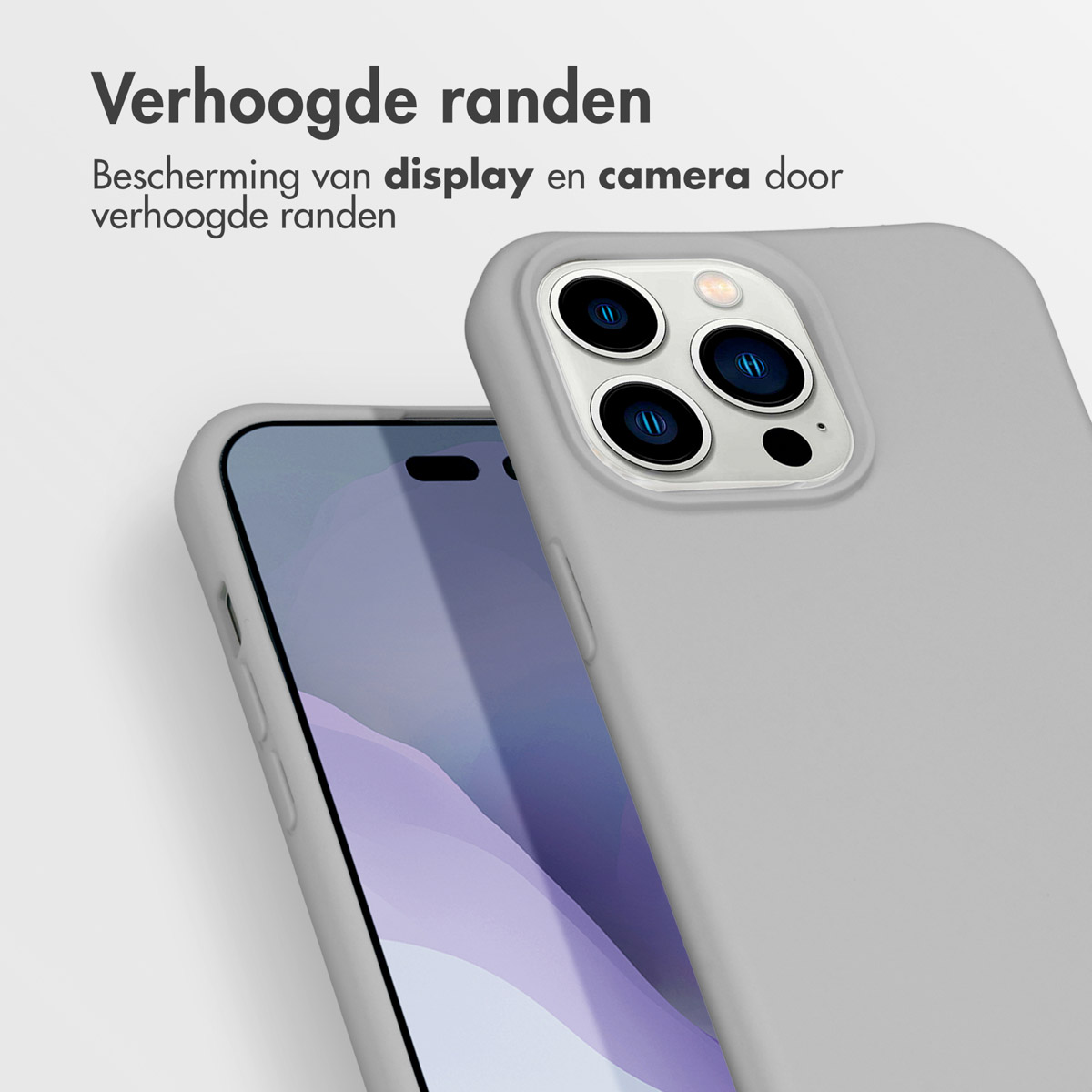 Graue Handyhülle. Zeigt die Kamera und das Display des Telefons. Weißer Hintergrund.
