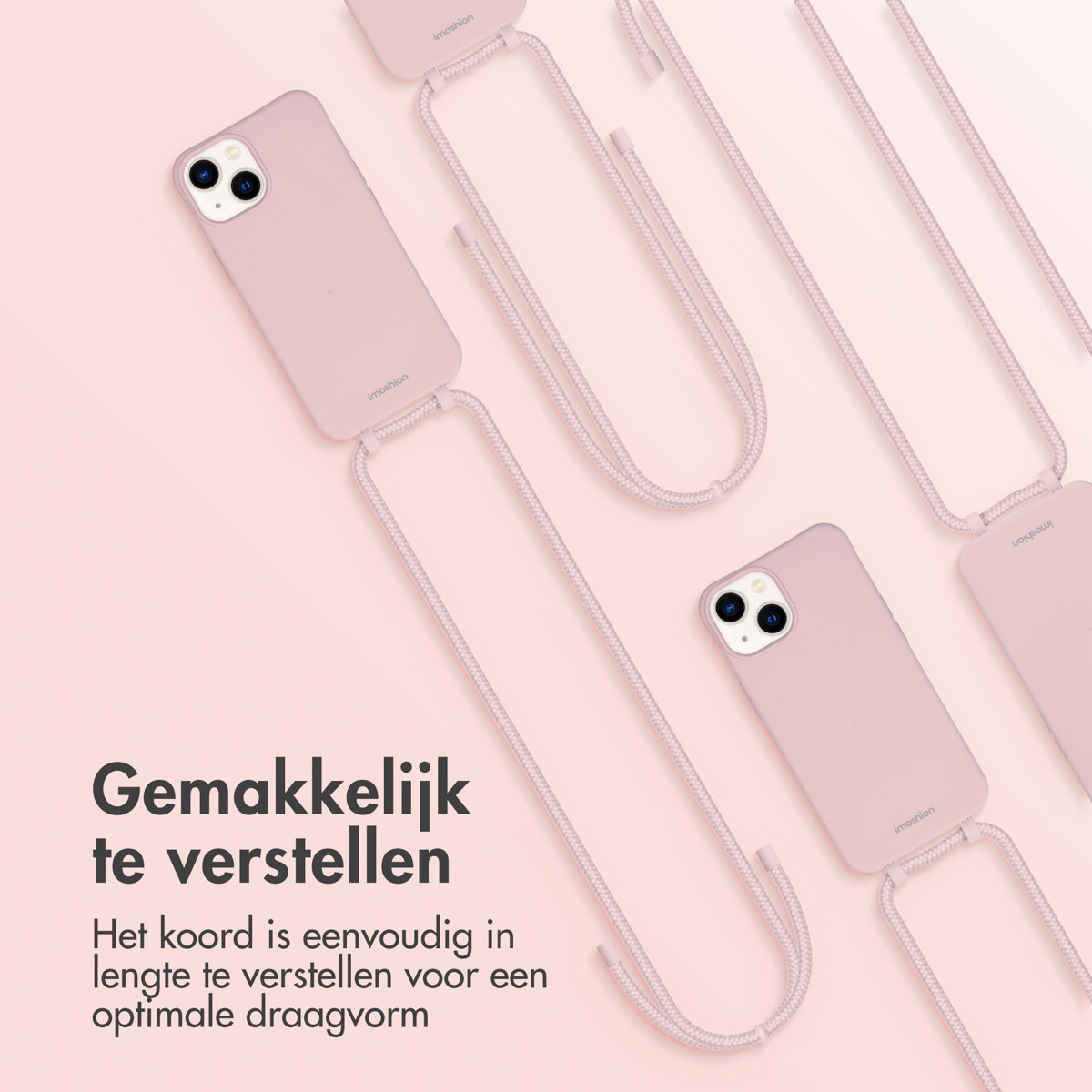 Plusieurs téléphones avec des coques et des sangles roses. Texte sur l'ajustabilité.