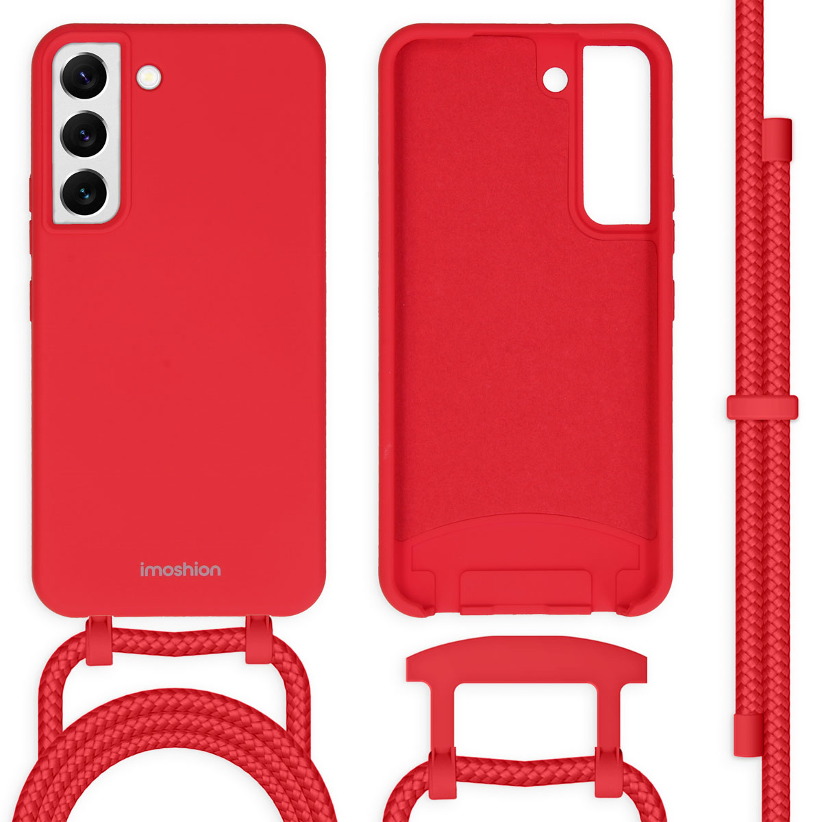 Rode telefoonhoesjes en bandje. Gescheiden hoesjes, achter- en voorkant, met een rood touwbandje.
