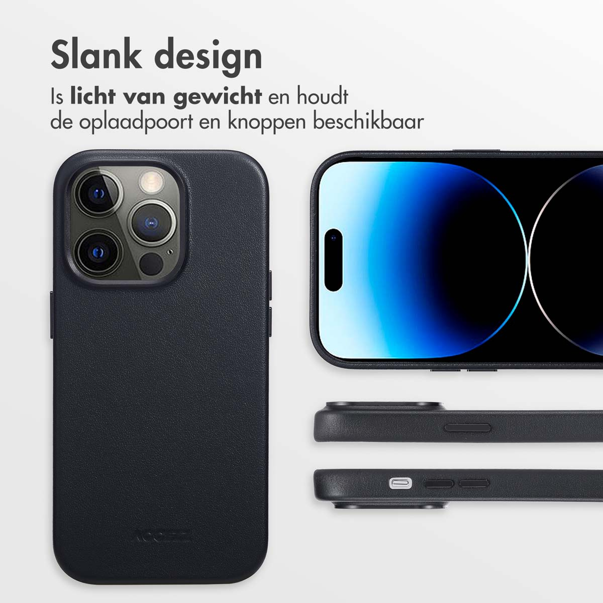 Gros plan sur un étui de téléphone noir avec un téléphone et ses fonctionnalités.