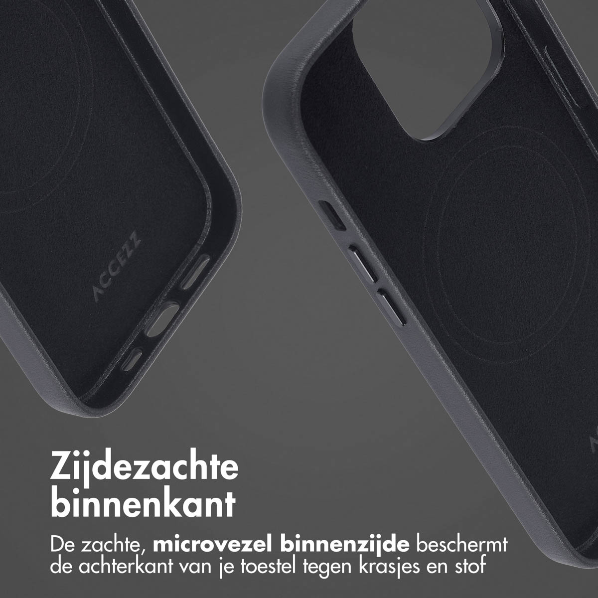 Coque de téléphone gris foncé avec une doublure intérieure douce. Le texte dit intérieur doux.