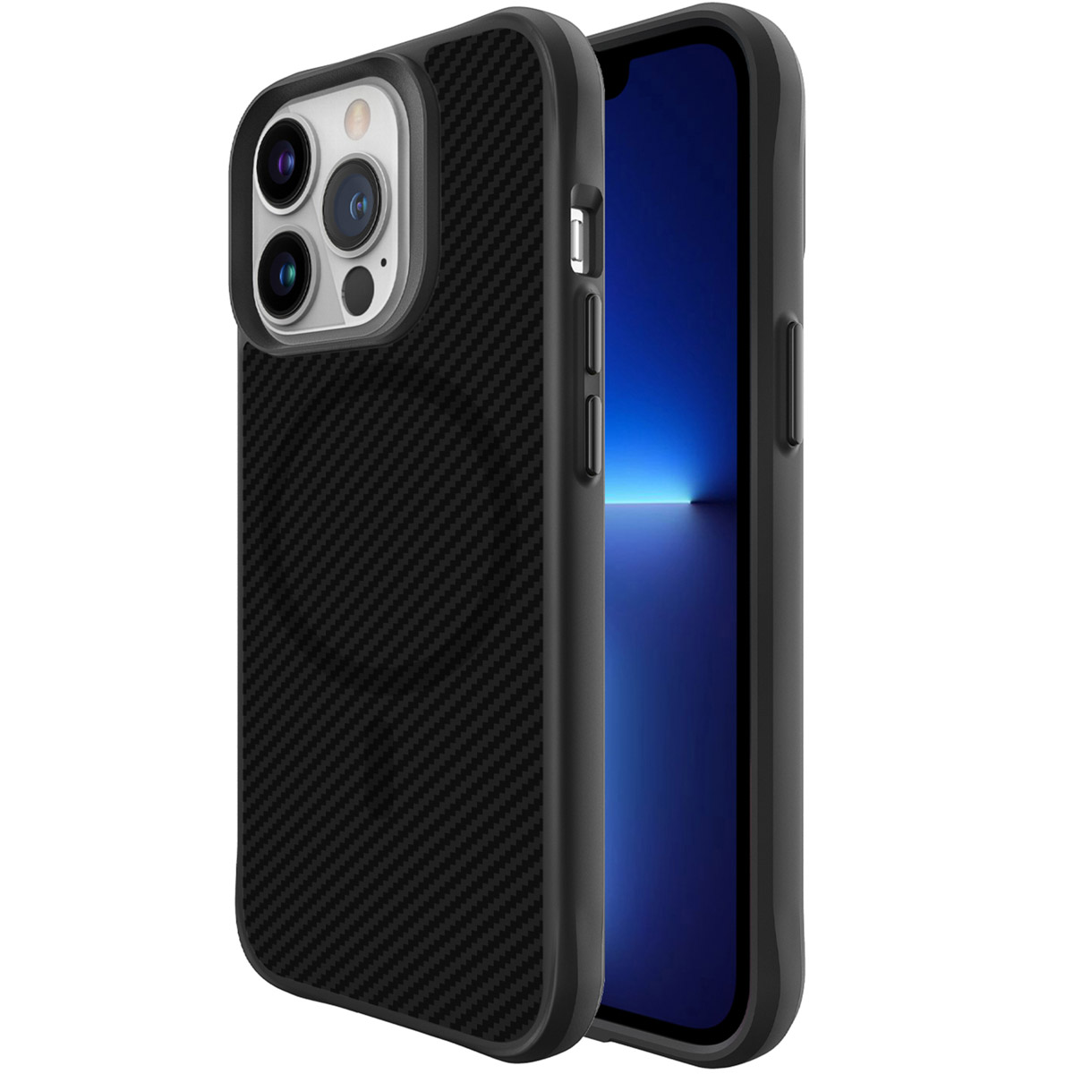 Telefoon in een zwarte koolstofvezel hoes. De telefoon kijkt naar rechts.