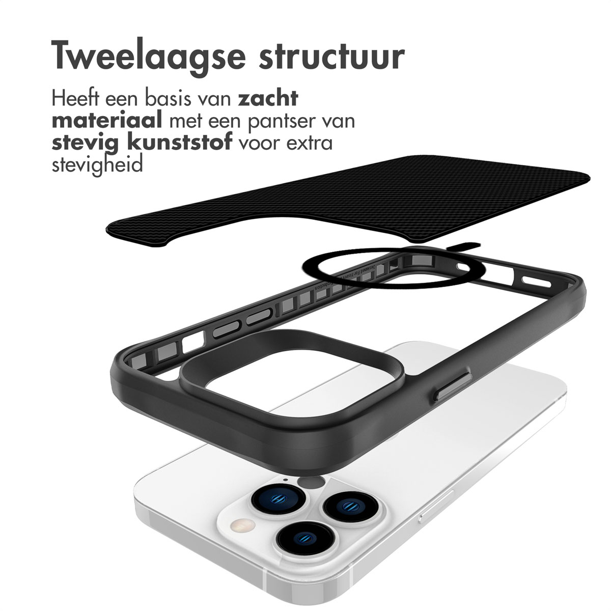 Twee-laagse structuur: Telefoonhoes met zachte basis en stevig plastic frame voor bescherming.