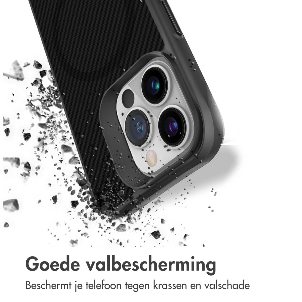 Zwarte telefoonhoes met cameralenzen, omringd door puin.