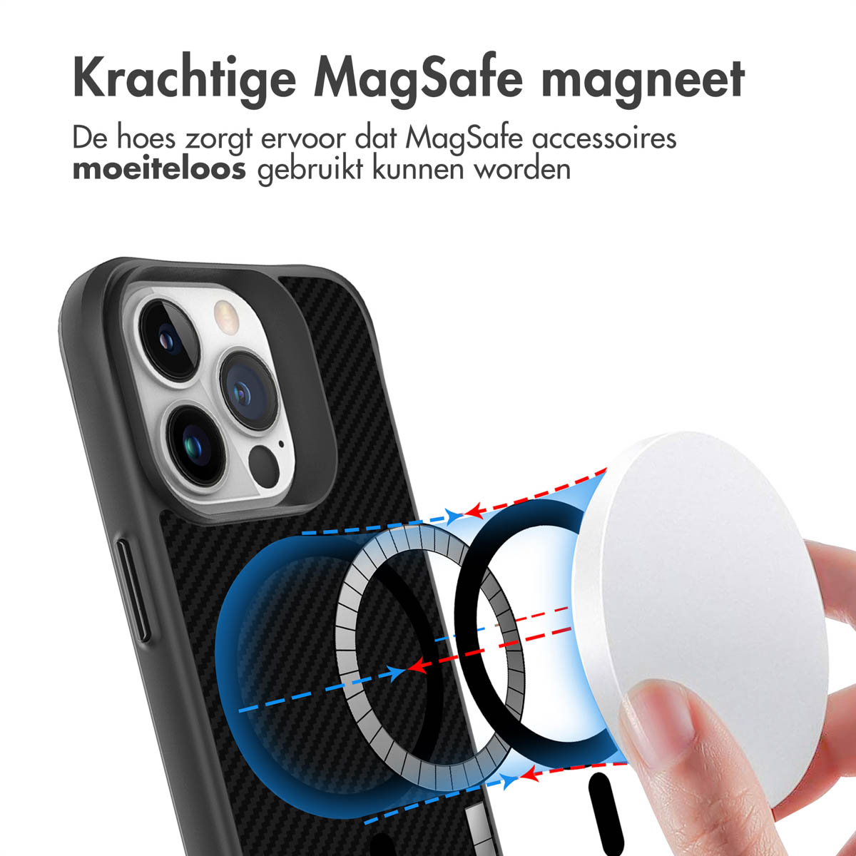 Afbeelding toont een telefoonhoesje met een MagSafe-magneet. Een hand houdt een wit, cirkelvormig accessoire dicht bij de hoes, wat de magnetische verbinding illustreert.