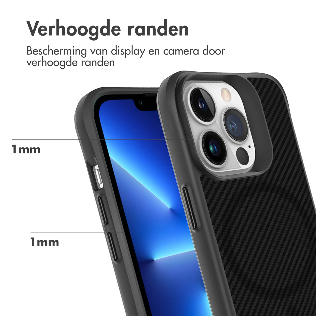 Zwarte telefoonhoes met verhoogde randen die het display en de camera beschermen.