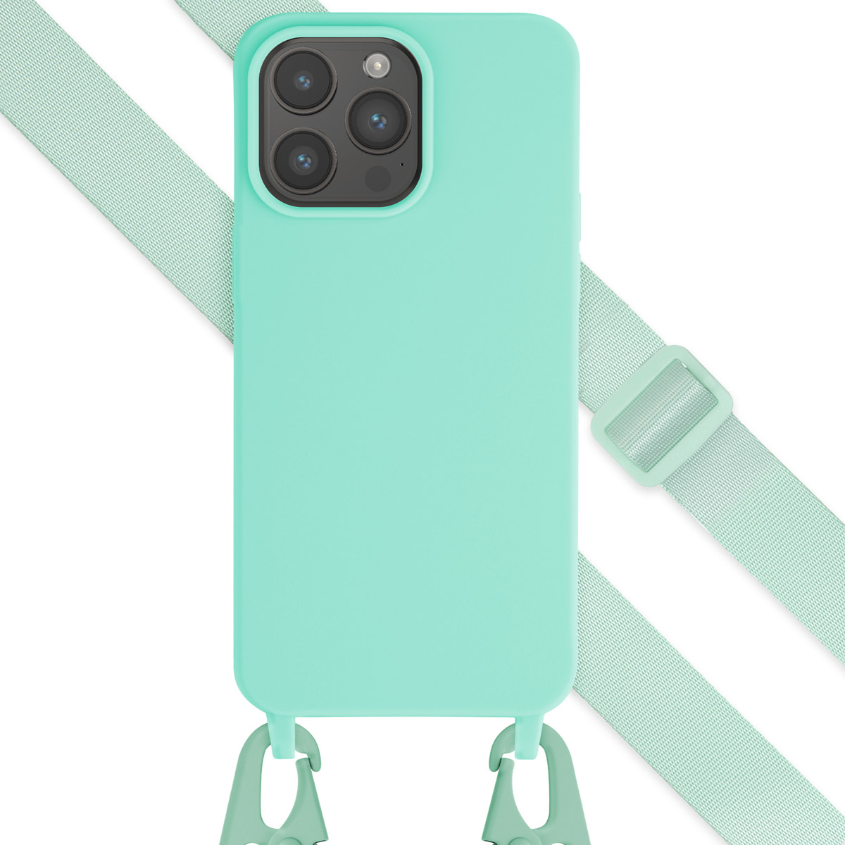 Une coque de téléphone menthe avec une sangle. La sangle est menthe et la coque a trois caméras.