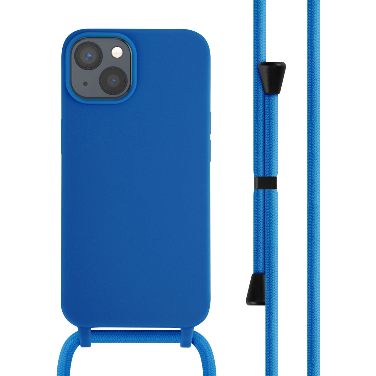 Blaue Handyhülle mit blauem Lanyard mit silbernen Akzenten, auf weißem Hintergrund.