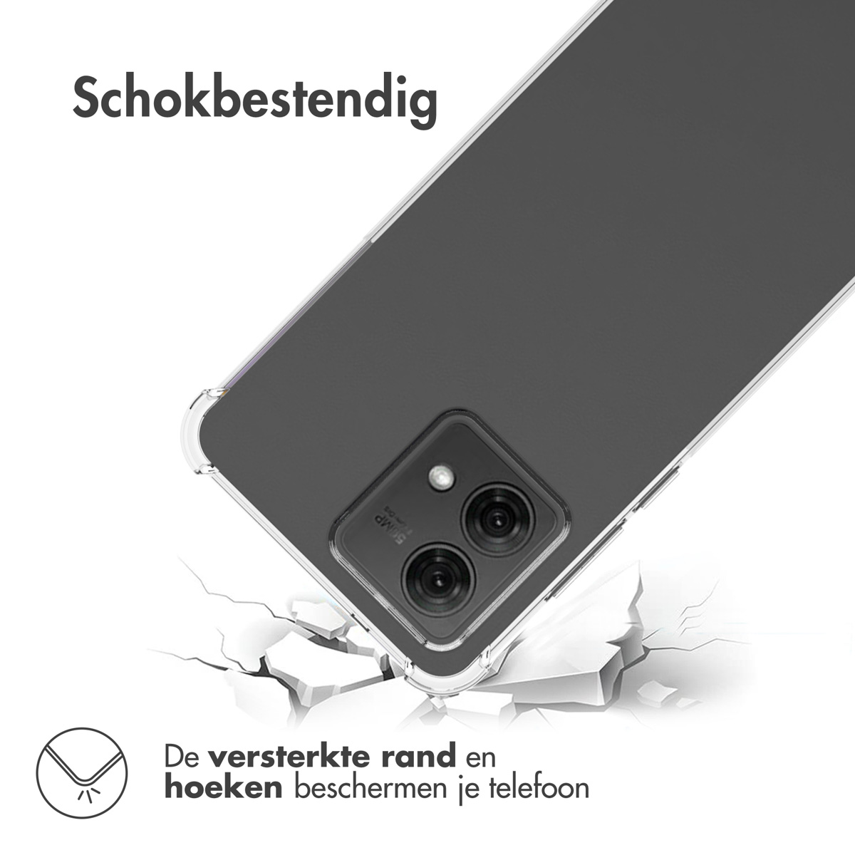 Transparante telefoonhoes. De telefoonhoes zit op een telefoon, met de achterkant van de telefoon omhoog. De telefoon staat op een oppervlak.