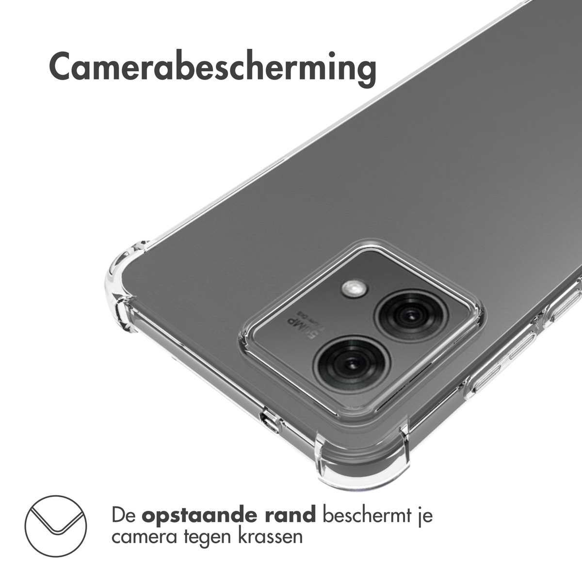 Een doorzichtige telefoonhoes op een grijze telefoon met de camera beschermd, tekst: Camerabescherming.
