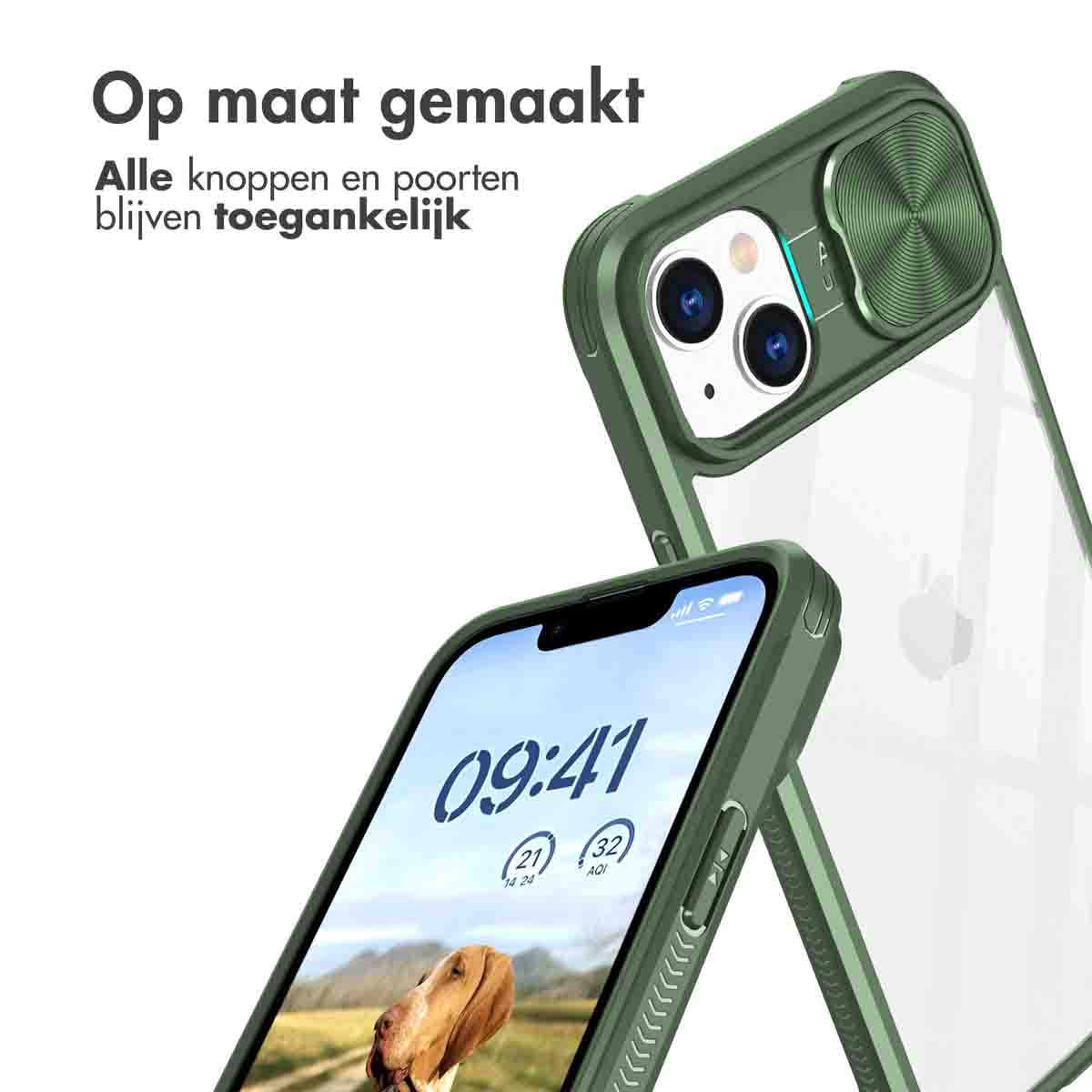 Coque verte pour iPhone avec cache-objectif et dos transparent. Affiche l'heure.
