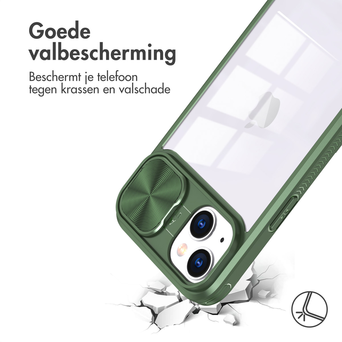 Coque de téléphone verte avec cache caméra, simulant une chute.