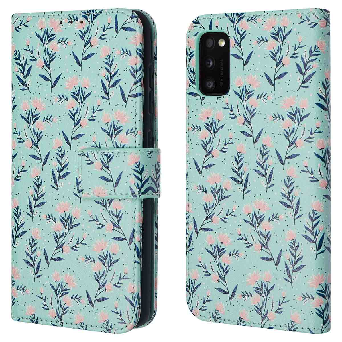 Hellgrüne Handyhülle mit einem Muster aus rosa Blumen und dunkelblauen Blättern.