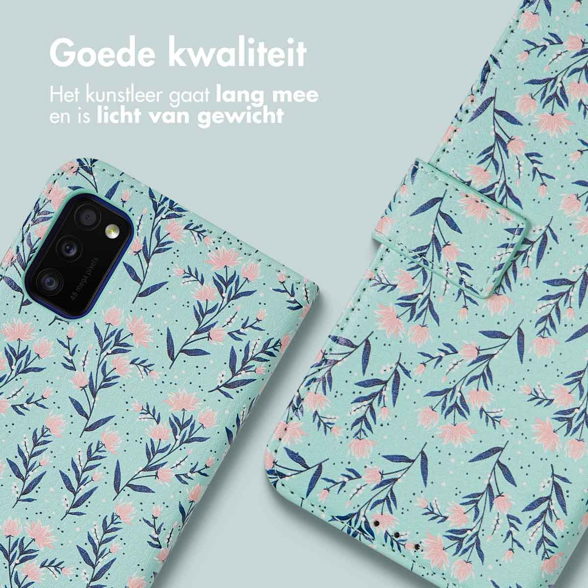 Handyhülle mit Blumenmuster in Mintgrün und Rosa auf Kunstleder.