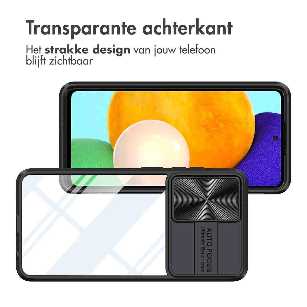 Custodia trasparente per telefono con cornice nera e ritaglio fotocamera.