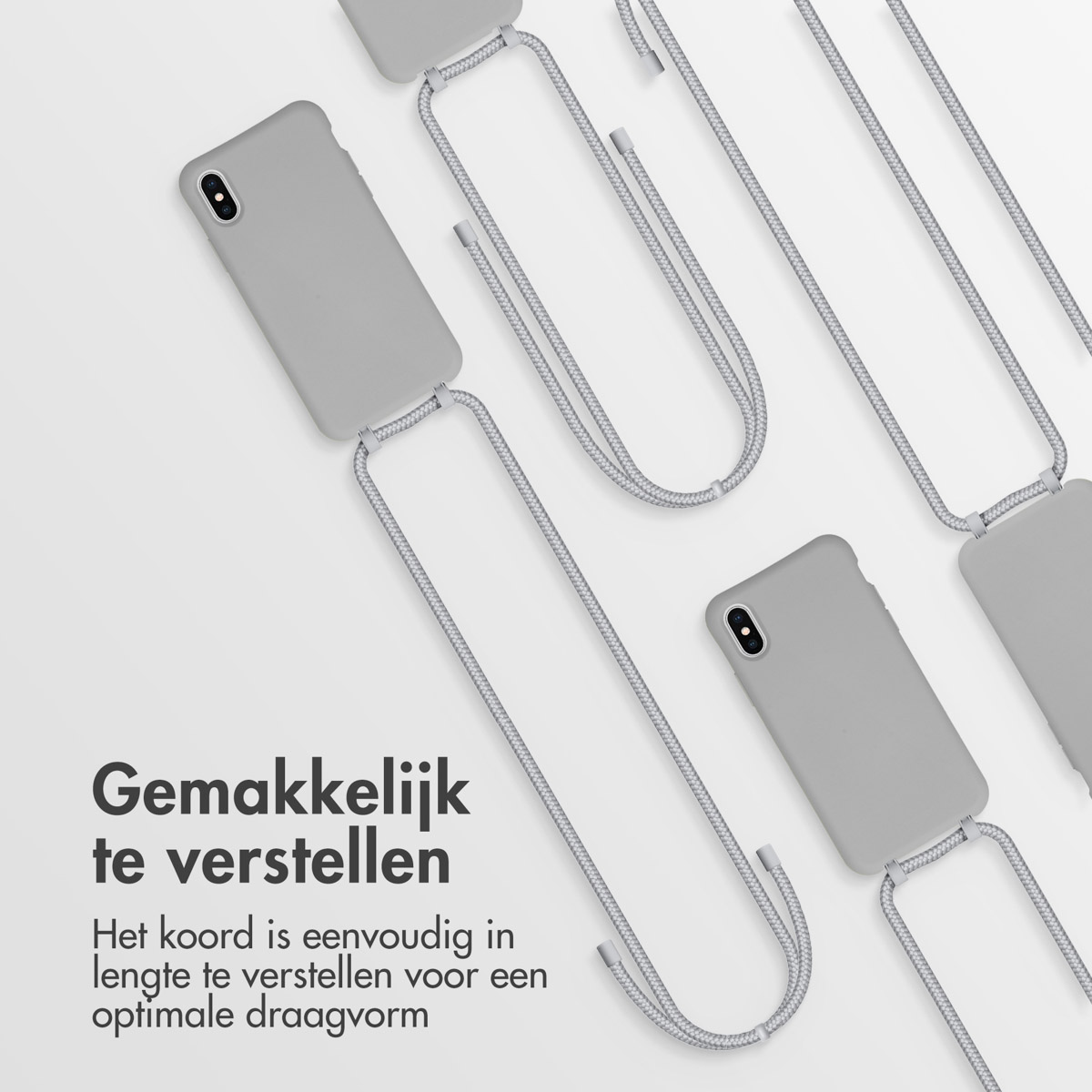 Plusieurs coques de téléphone grises avec des cordons réglables. Les cordons sont reliés aux coques.