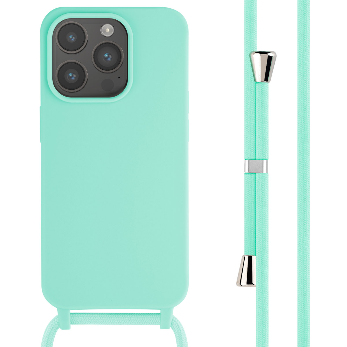 Mintgroen telefoonhoesje met een bijpassende band. De telefoonhoes heeft camera-uitsparingen.