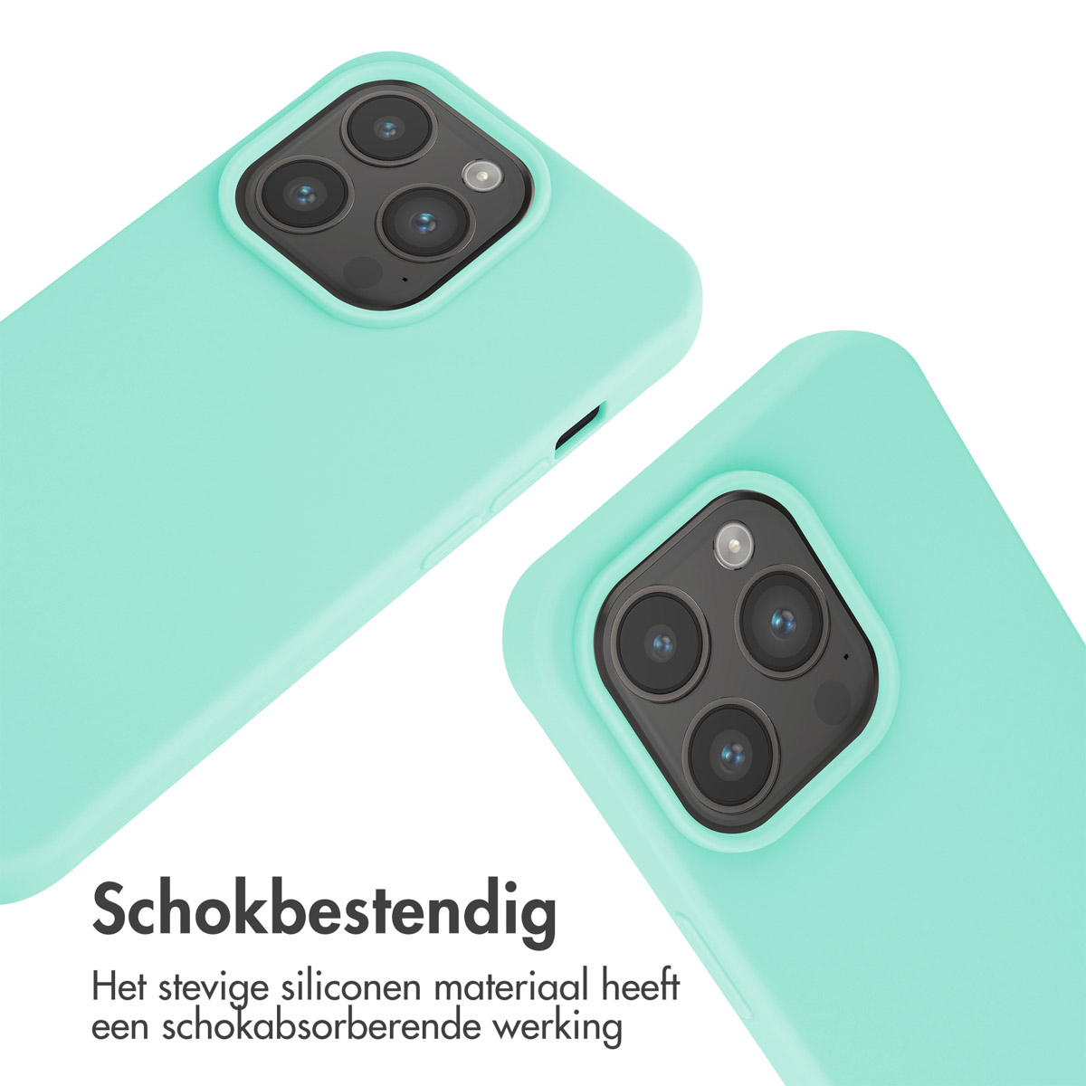 Twee turquoise telefoonhoesjes met cameralens op witte achtergrond.