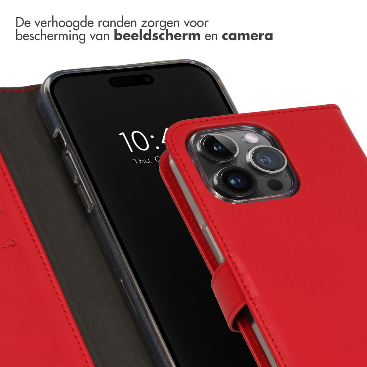 Custodia a libro rossa per smartphone che mostra fotocamera e schermo.
