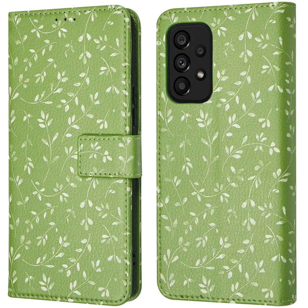 Étui de téléphone vert à motif de feuilles blanches, rabat et ouverture caméra.