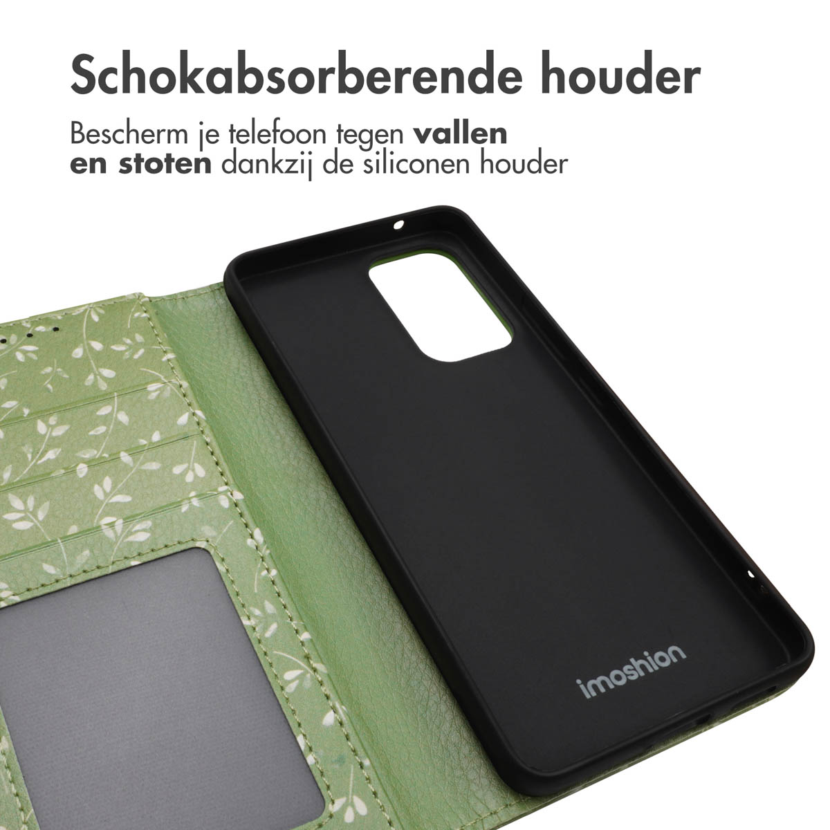 Un étui de téléphone vert à motif floral avec insert noir, ouvert.
