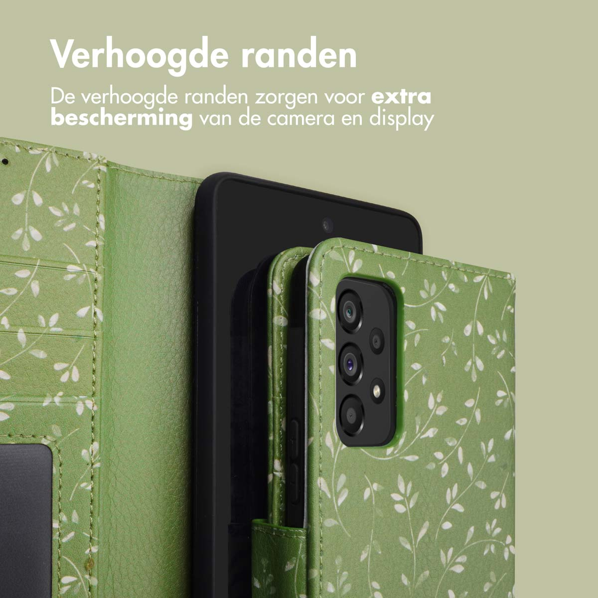 Étui de téléphone vert à motif de feuilles et bords surélevés.