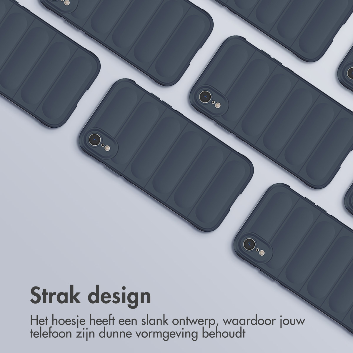 Donkerblauwe telefoonhoesjes op een oppervlak. De hoesjes hebben ribbels.