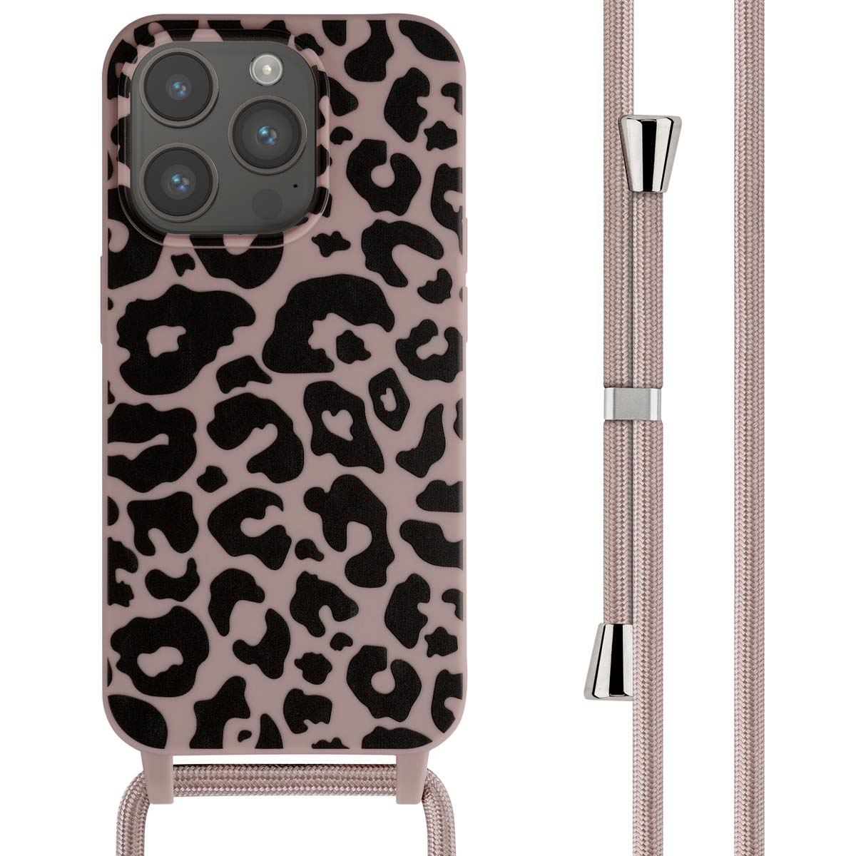 Een telefoonhoesje met een luipaardprint, met een bijpassende band.