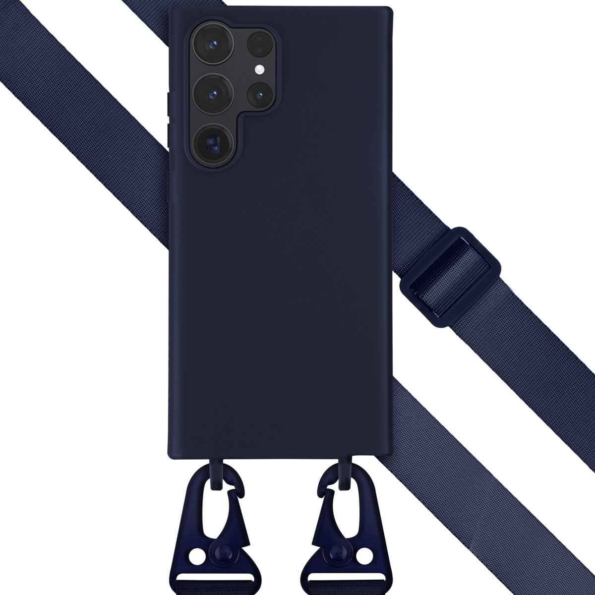Blauw telefoonhoesje en bandje. De blauwe hoes met een bandje wordt van achteren getoond.