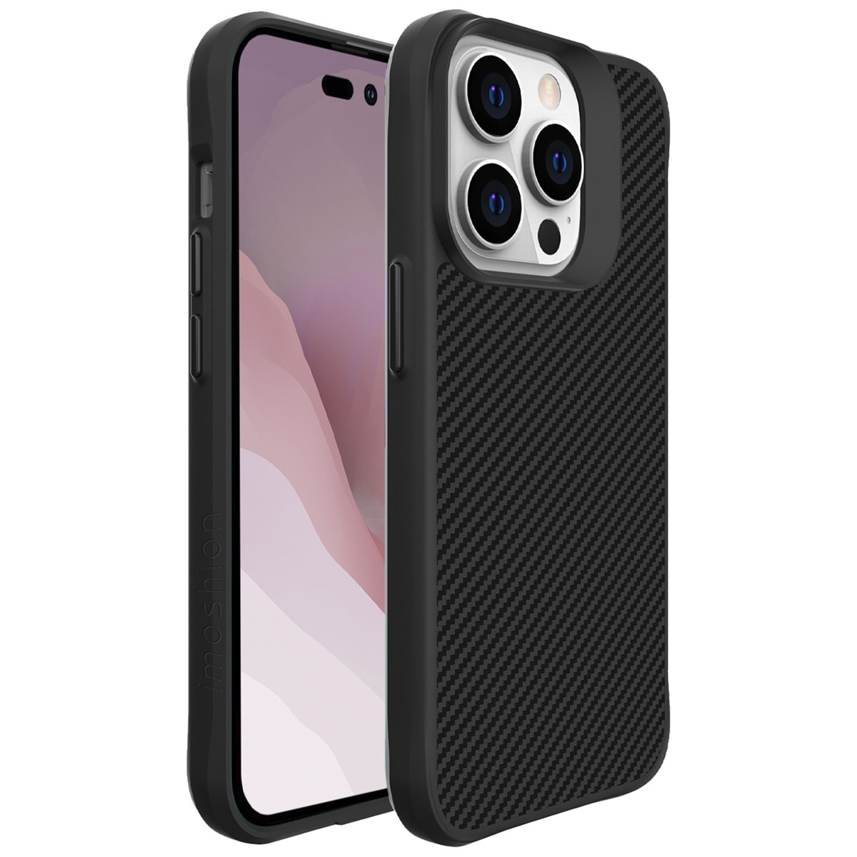 Coque de téléphone noire avec texture fibre de carbone. Autre coque à côté, montrant l'écran.