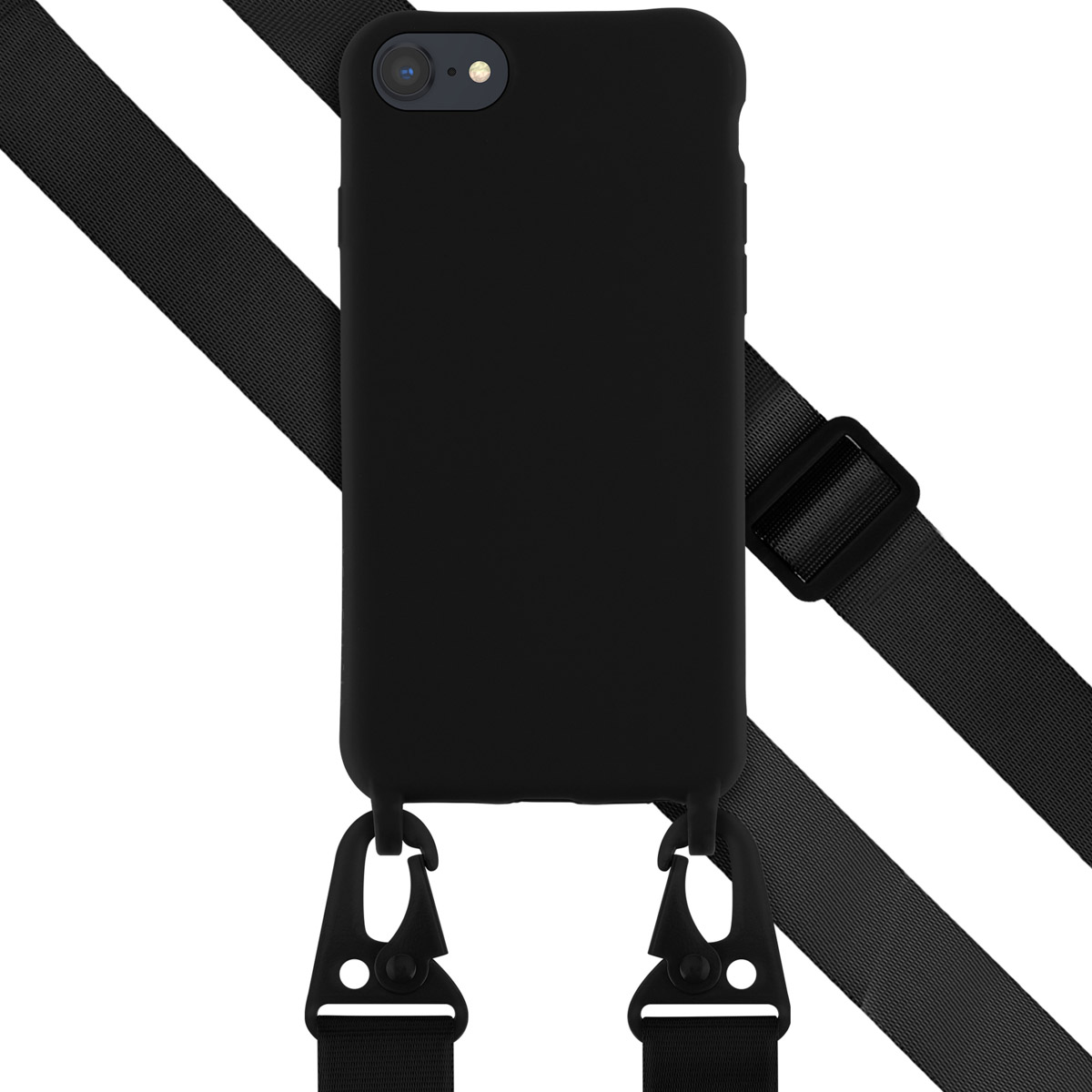 Zwarte telefoonhoes met een zwarte band. De band is met haken aan de hoes bevestigd.
