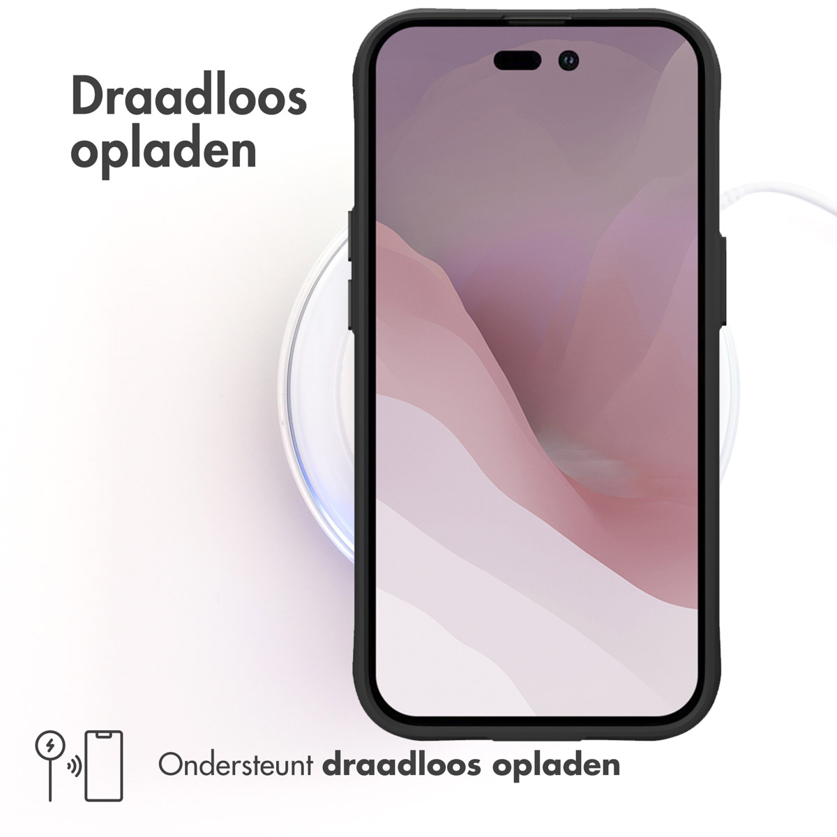 Le téléphone se charge sans fil sur un socle blanc. Le téléphone est dans une coque noire.