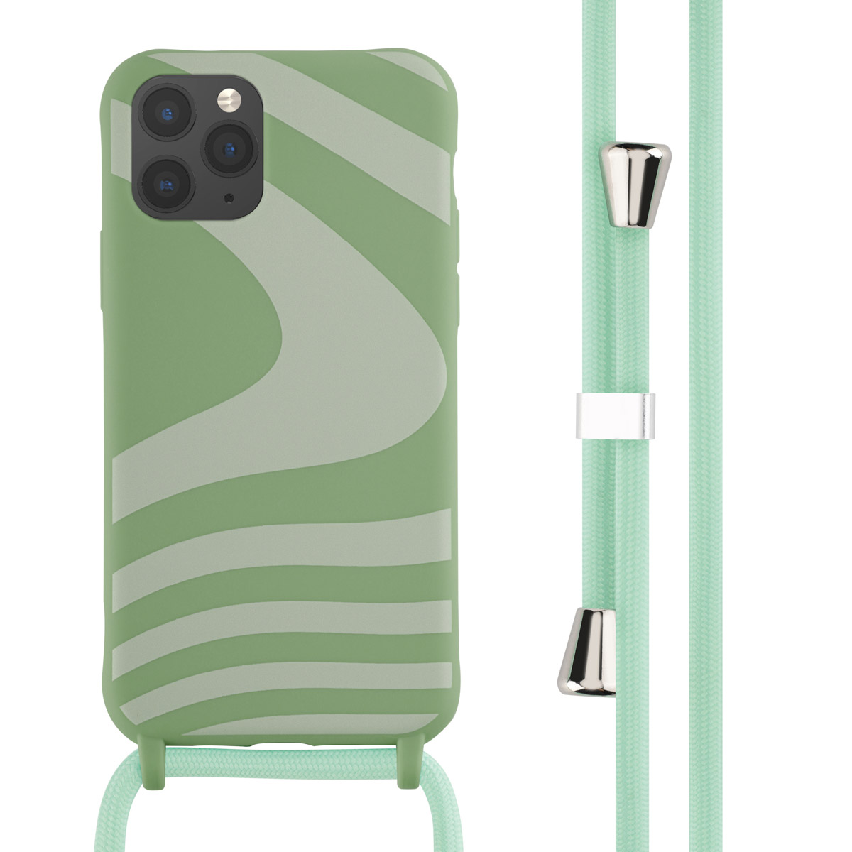 Custodia verde con design a onde bianche e cordino verde menta.