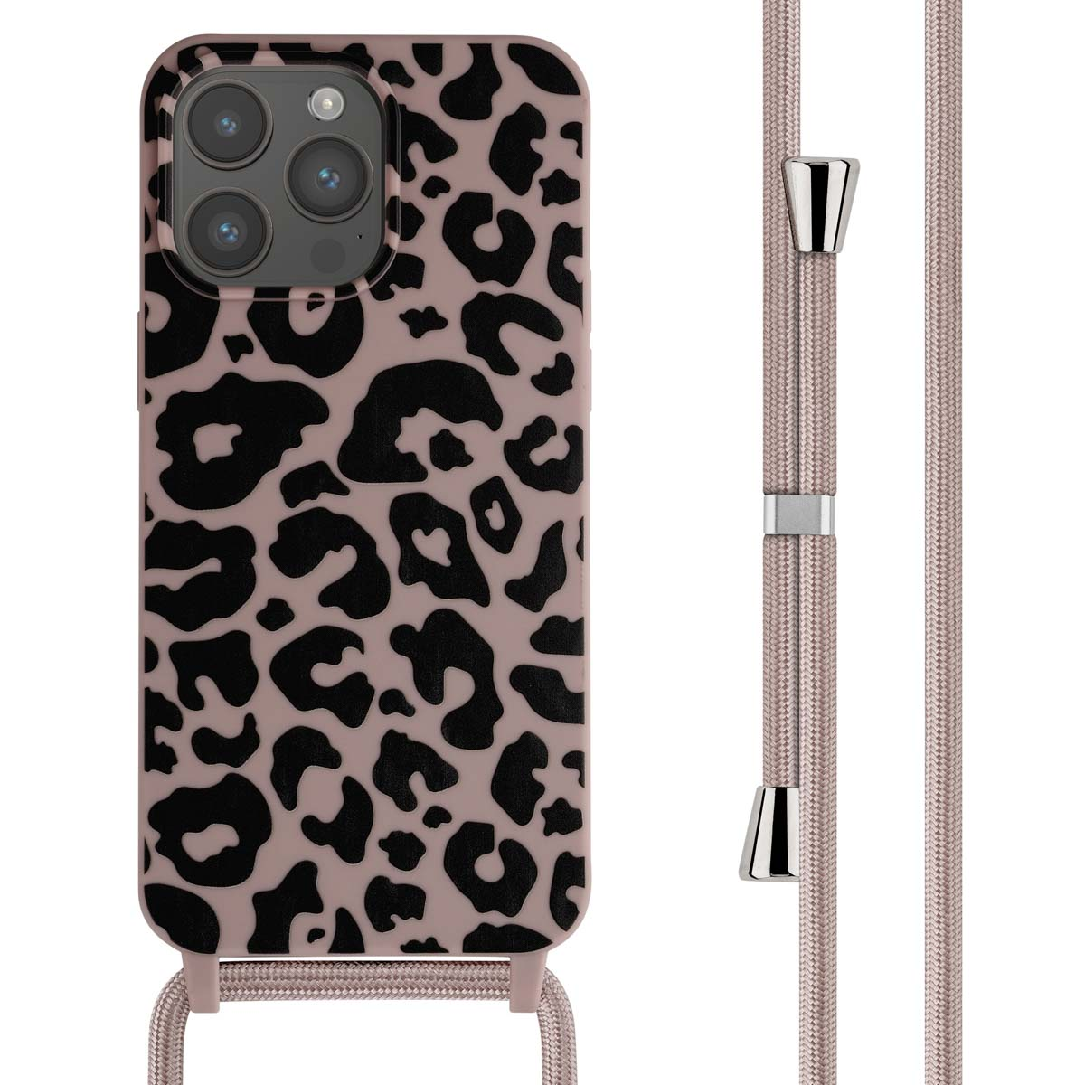 Telefoonhoesje met luipaardprint en bijpassend roze koord.