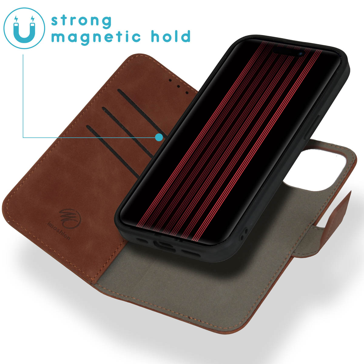 Brown leather phone case with a phone inside, showing strong magnetic hold.