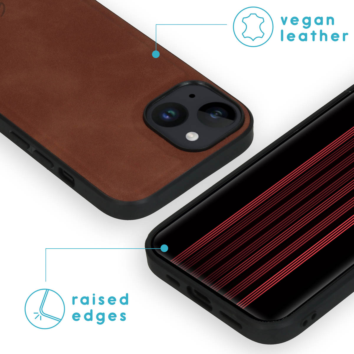 Brown vegan leather phone case with raised edges, showing back and screen.