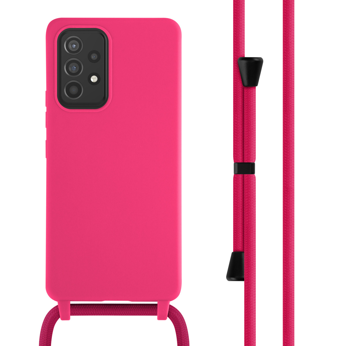 Coque de téléphone rose avec lanière. La coque possède trois caméras.