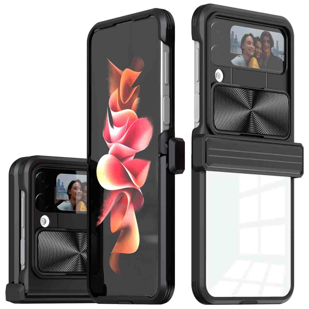 Coque de téléphone en trois parties. Noire, avec écran et caméra visibles. Fond clair.