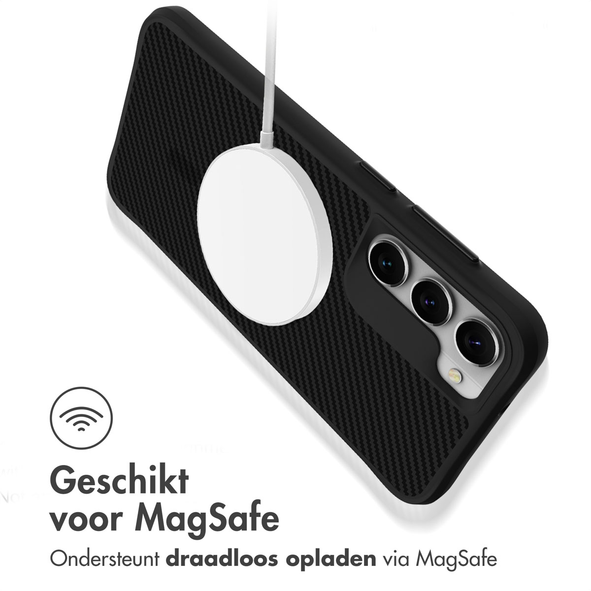 Black phone case with a white charging pad. A black phone is attached to a white charging pad.